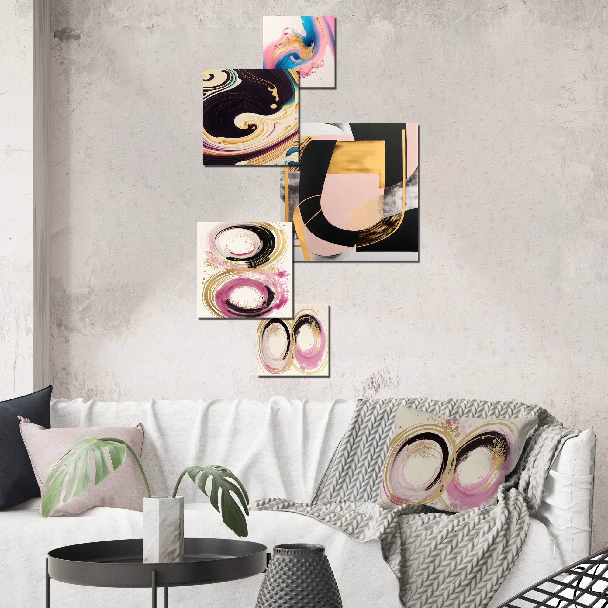 Designart "Pink And Gold Waves I" Modern Spiral Metal Wall Art Set